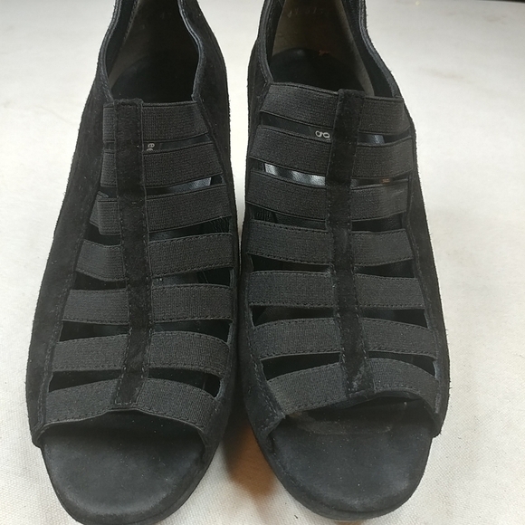 Paul Green Open Toe Platform Suede Black heels 4" - Picture 6 of 8